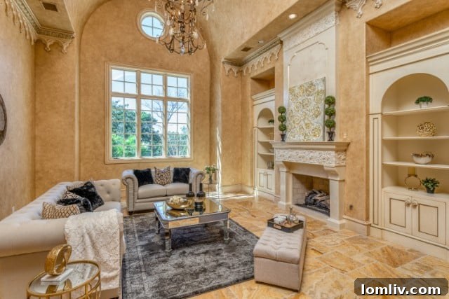 Elegant interior hallway with high ceilings, arches, and a chandelier in a luxury Flower Mound home