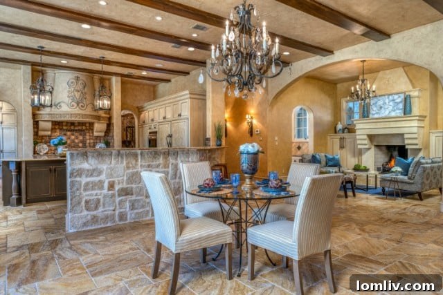 Opulent formal dining room with a grand chandelier and seating for many guests