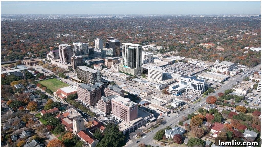 Aerial view of Preston Center in Dallas, Texas, showcasing urban development and green spaces.