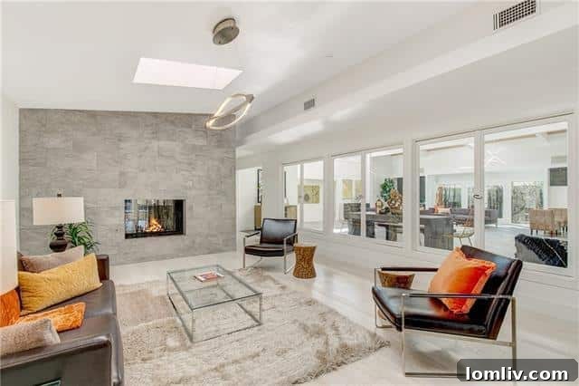 Elegant dining area with modern chandelier and view into a bright living space