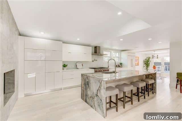 Stylish modern living room with fireplace and artistic decor