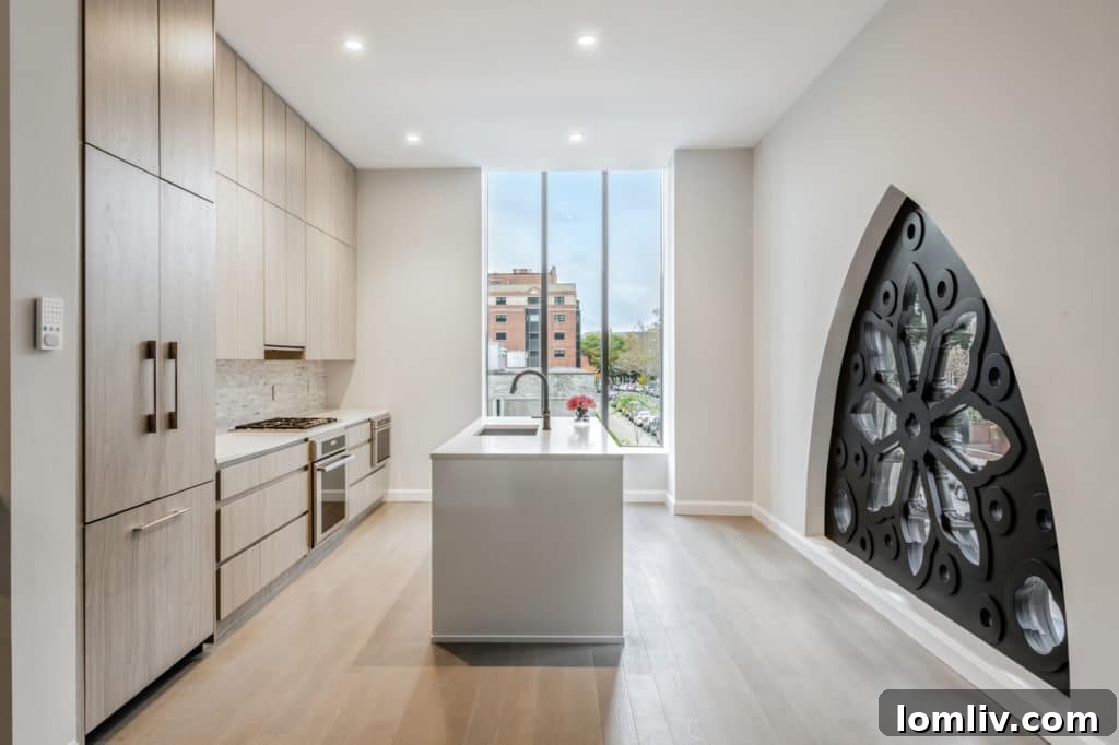 Interior views showcasing the innovative design and preserved architectural elements in a church conversion project.