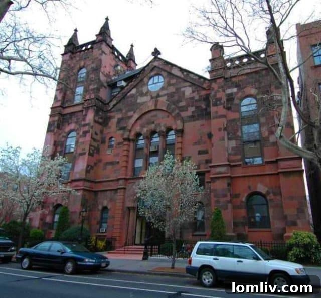 The exterior of 450 Clinton, formerly the Norwegian Seamen's Church, now a residential conversion in New York City.