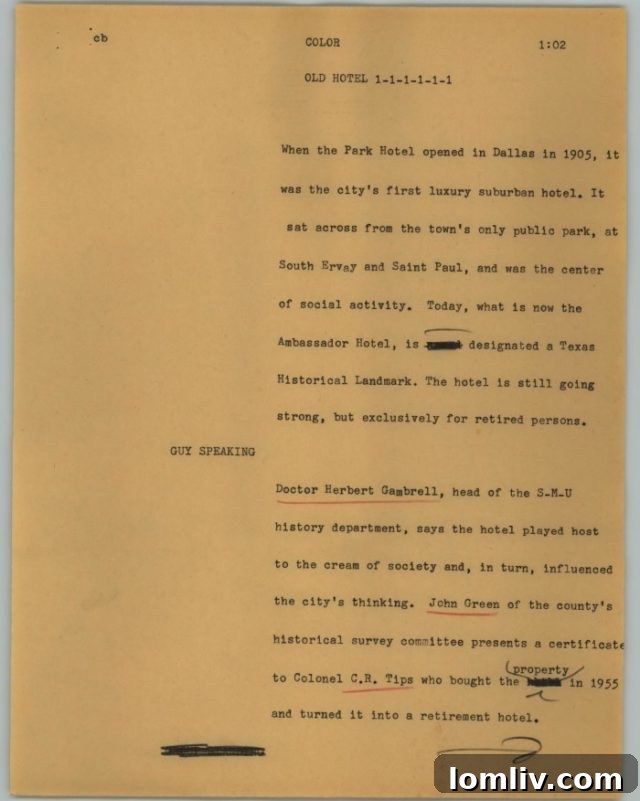 News script documenting the Ambassador Hotel's designation as a state historic landmark.