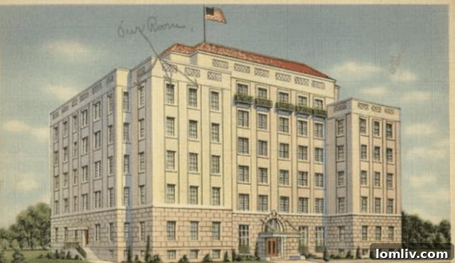 Painted postcard depicting The Ambassador Hotel in Dallas after its 1932 renovation, showcasing its Mediterranean-inspired design.