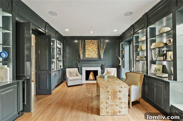 Sophisticated study with dark, high-gloss walls and elegant furnishings in the University Park home