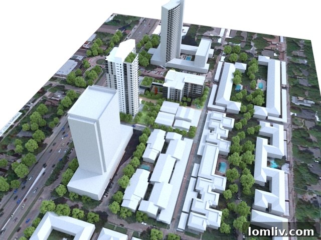 Architectural rendering of new luxury high-rise buildings seamlessly integrated with expansive green spaces in Dallas's PD-15 district