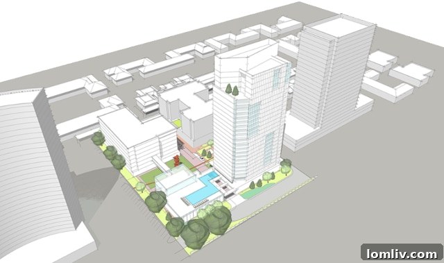 Aerial perspective of the proposed Dallas high-rise development from Northwest Highway, showcasing its integration with surrounding infrastructure