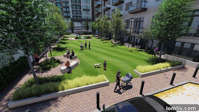 Lush central green space design within the new Dallas development, featuring pedestrian pathways and serene landscaping