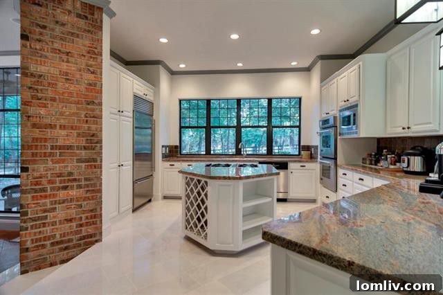 Spacious living area with fireplace and natural brick accents