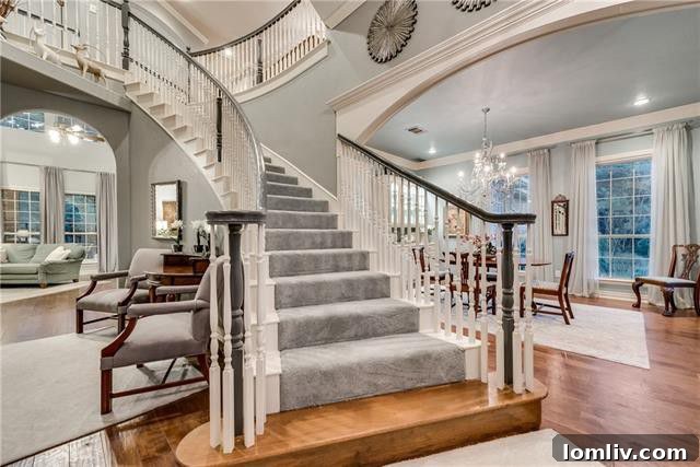 Grand curved staircase in a custom Oak Point home