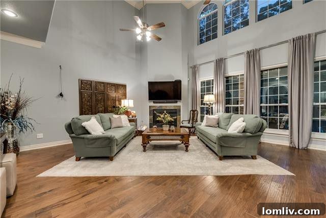 Spacious two-story family room with a wall of windows