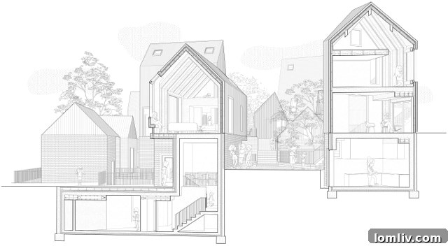 Innovative use of land contours allows for naturally cooled basement living spaces in Texas homes, adding visual interest with non-uniform building heights.