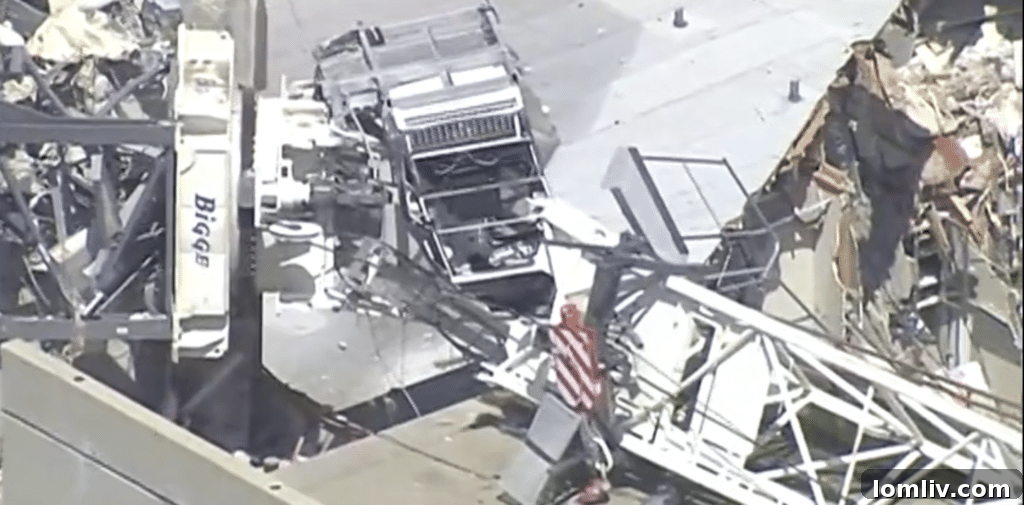 Damage from the Deep Ellum crane collapse, showing extensive debris and structural impact to the building.