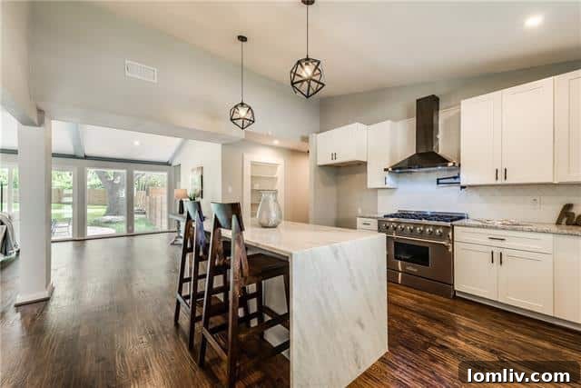 Gourmet kitchen with open sightlines to dining and family rooms, ideal for entertaining in a Dallas home