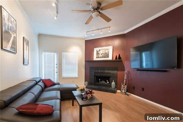 Modern and inviting living area of Unit 603 at 7340 Skillman Street, a one-bedroom condo in Lake Highlands, Dallas