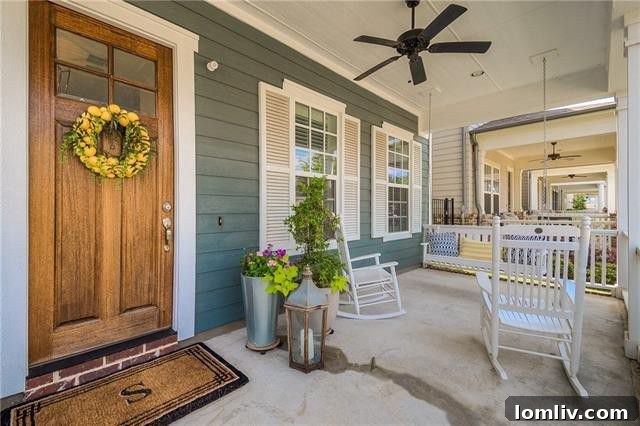 Inviting front porch of a Craftsman home with seating area