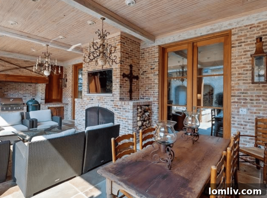 Outdoor Living Space with Fireplace and Hot Tub