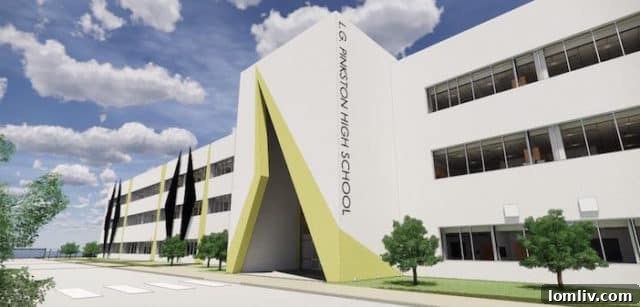 Architectural rendering of the modern new L.G. Pinkston High School building