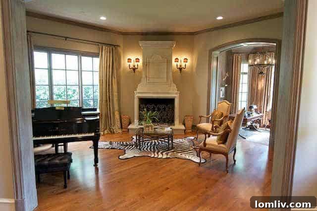 Living room of English Cotswold manor before renovation, showing outdated furniture and decor