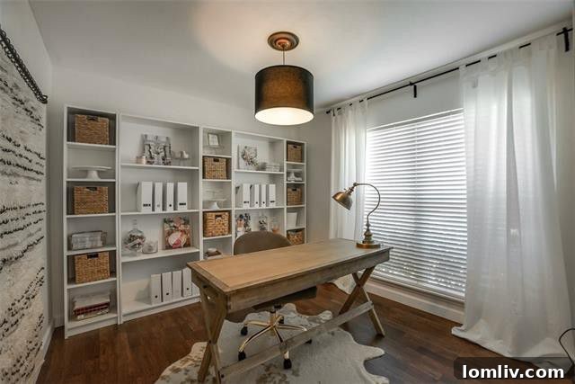 Comfortable living room with new wood flooring, The Colony starter home