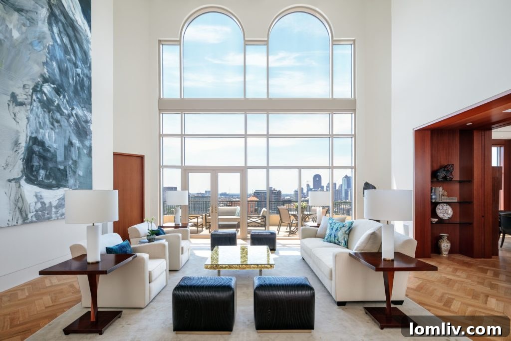 Experience unparalleled luxury at the Hall-Living-room penthouse in Dallas's prestigious Plaza II, featuring breathtaking views and bespoke design elements.