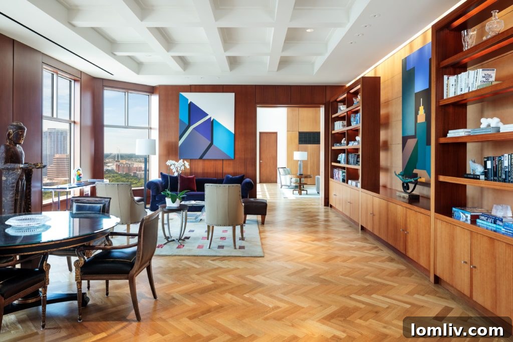 The expansive Hall-Living-room bathed in natural light, showcasing the panoramic city views.