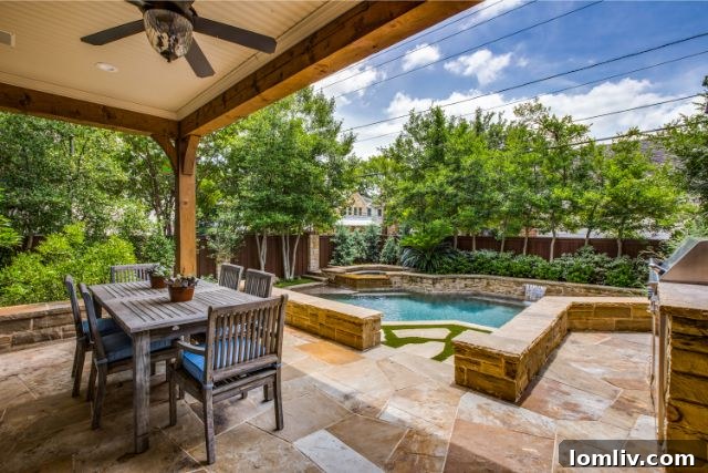 Expansive outdoor patio with dining area and seating by the pool in University Park