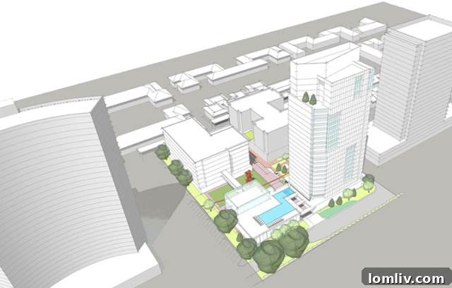 Architectural rendering showing a single high-rise design for PD-15 along Northwest Highway