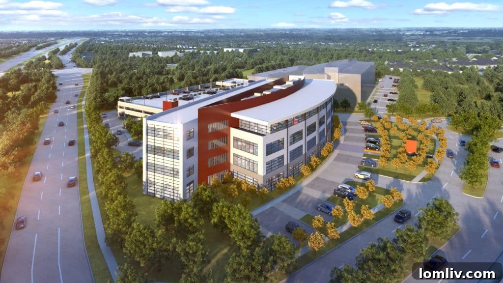 An architectural rendering showcasing the sleek, modern design of the upcoming Crown Centre office building.