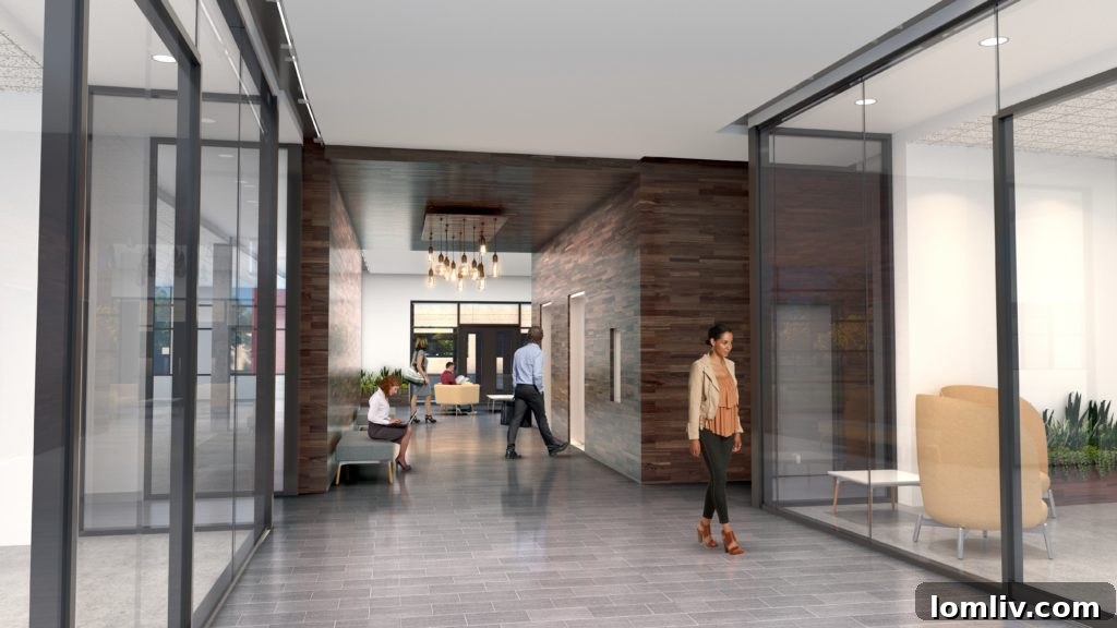 Another perspective of the Crown Centre, highlighting its integration with green spaces and outdoor amenities.