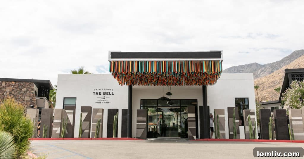 Taco Bell branded pool accessories and lounge chairs at The Bell Hotel in Palm Springs.