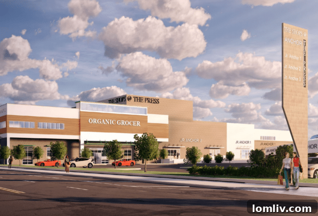 An architectural rendering showcasing The Shops at The Press, a modern retail plaza developed on the former Palm Beach Post property.