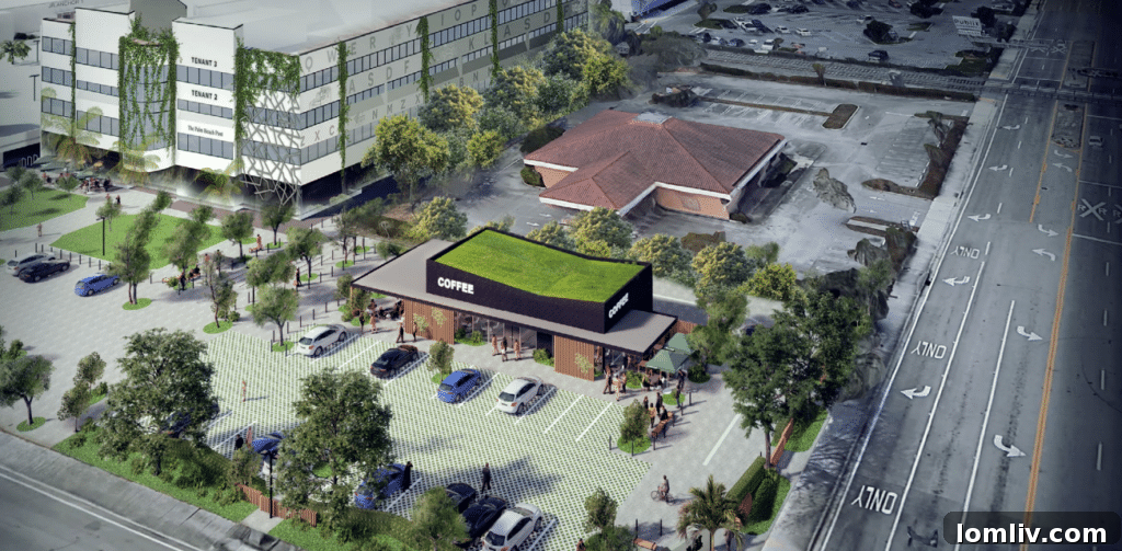 An aerial perspective of the Palm Beach Post redevelopment site, highlighting the ongoing construction and transformation of the property.