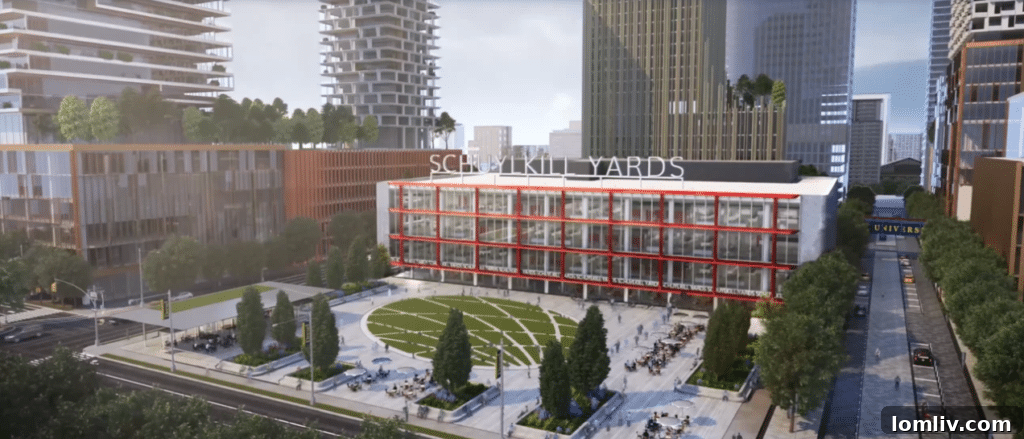 A visual representation of the dramatically transformed Philadelphia Evening Bulletin building, now a key component of the forward-looking Schuylkill Yards innovation district.