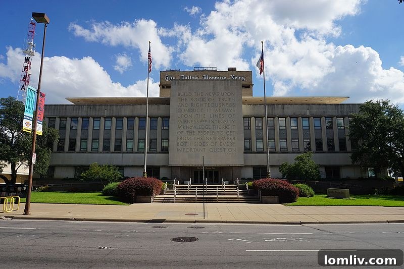 The historic exterior of the Dallas Morning News 'Rock of Truth' building in downtown Dallas