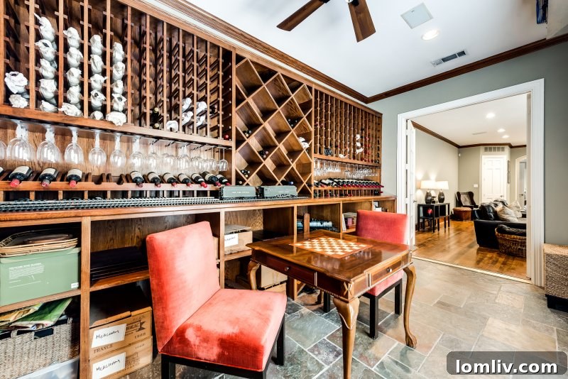 Temperature-controlled wine room with elegant quarter-sawn oak racks and extensive storage capacity
