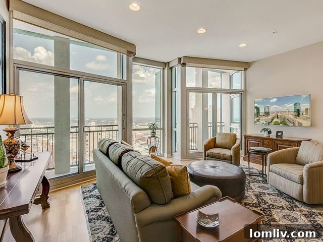 Spacious open concept living room in The Tower unit, modern design