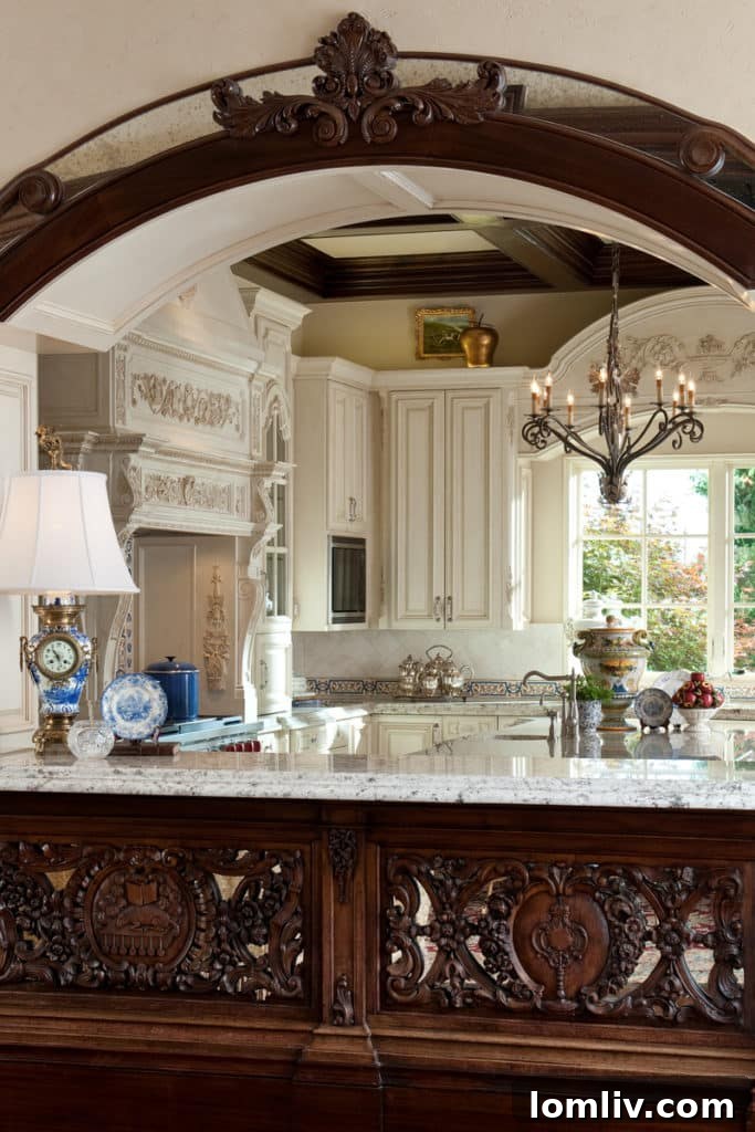 Custom Kitchen Bar with Antique Altarpiece Carving by Tracy Rasor