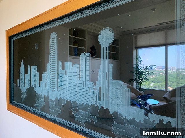 Zenith Zing Reclaimed Revelry 5 Large edge-lit etched glass artwork depicting the Dallas Skyline