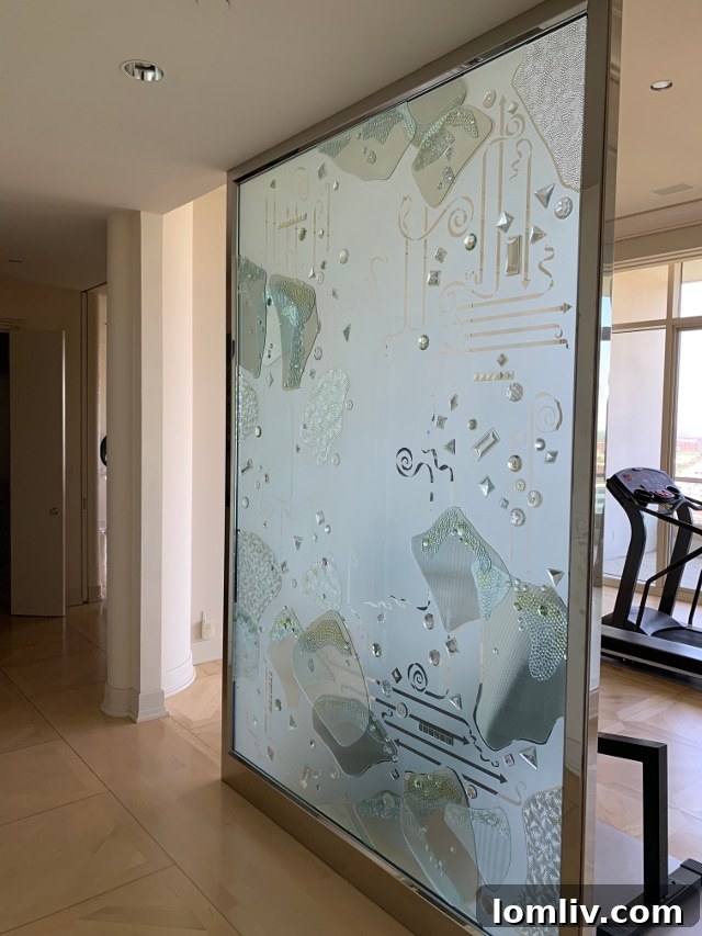 Zenith Zing Reclaimed Revelry 6 Intricate etched glass panel with abstract design, demonstrating custom glass artistry