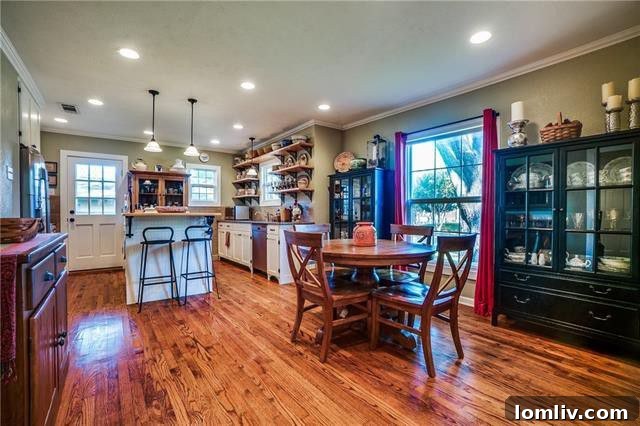 Custom kitchen with open shelving, gas cooktop, and granite countertops in the charming home at 6664 Santa Anita Drive.