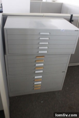 Lot of three gray 5-drawer architect-style filing cabinets