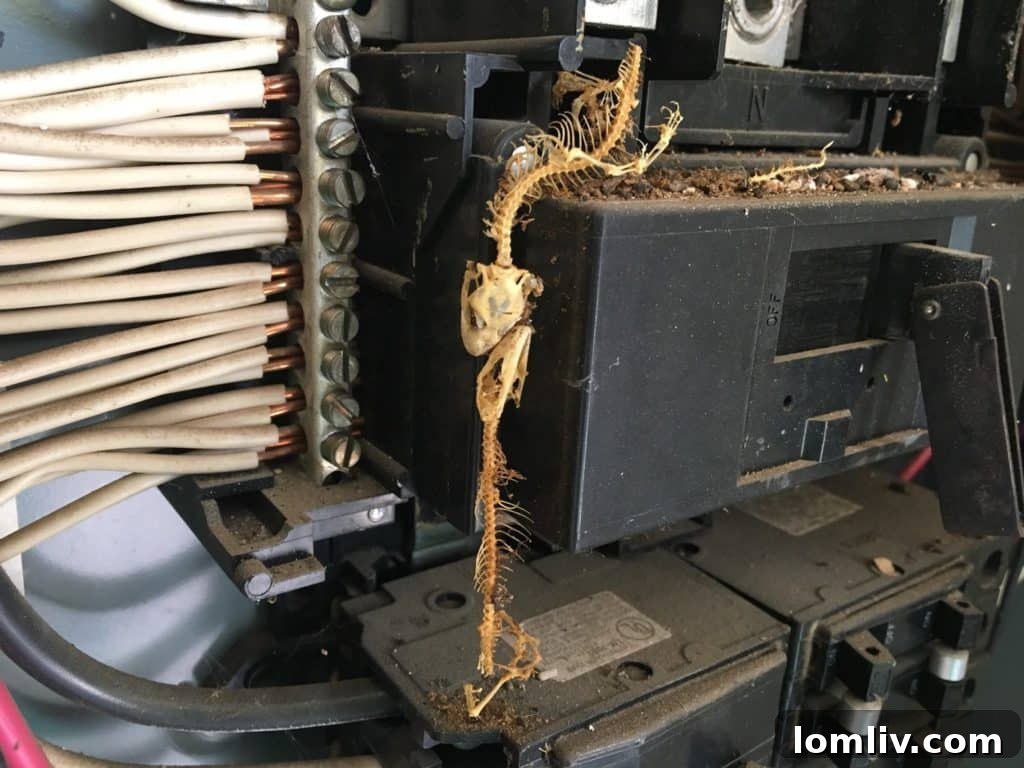 Crawlspace Chills and Inspection Nightmares 3 Two lizards entangled, seemingly deceased, within an electrical panel box, illustrating an unexpected and alarming discovery during an inspection.