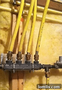 Crawlspace Chills and Inspection Nightmares 5 A close-up image showing Corrugated Stainless Steel Tubing (CSST) gas lines, highlighting their distinct yellow coating and flexible design.