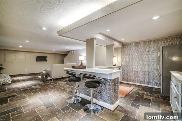 Detail of the Mid-Century Modern inspired wet bar in the lower lounge