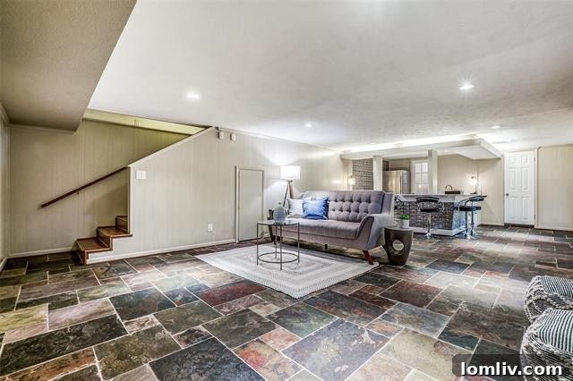 Lower-level lounge with stone tile floors, MCM wet bar, and patio access
