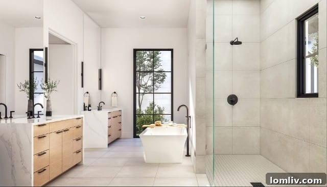 Stylish bedroom with large windows