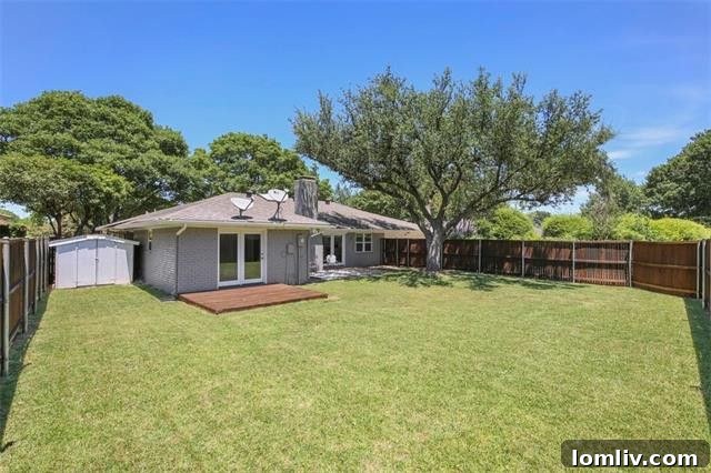 Spacious backyard with lush trees in a renovated Richardson property