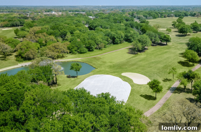 A golf cart traveling along a scenic path through White Bluff Resort's lush golf course, with trees and a glimpse of the lake in the background